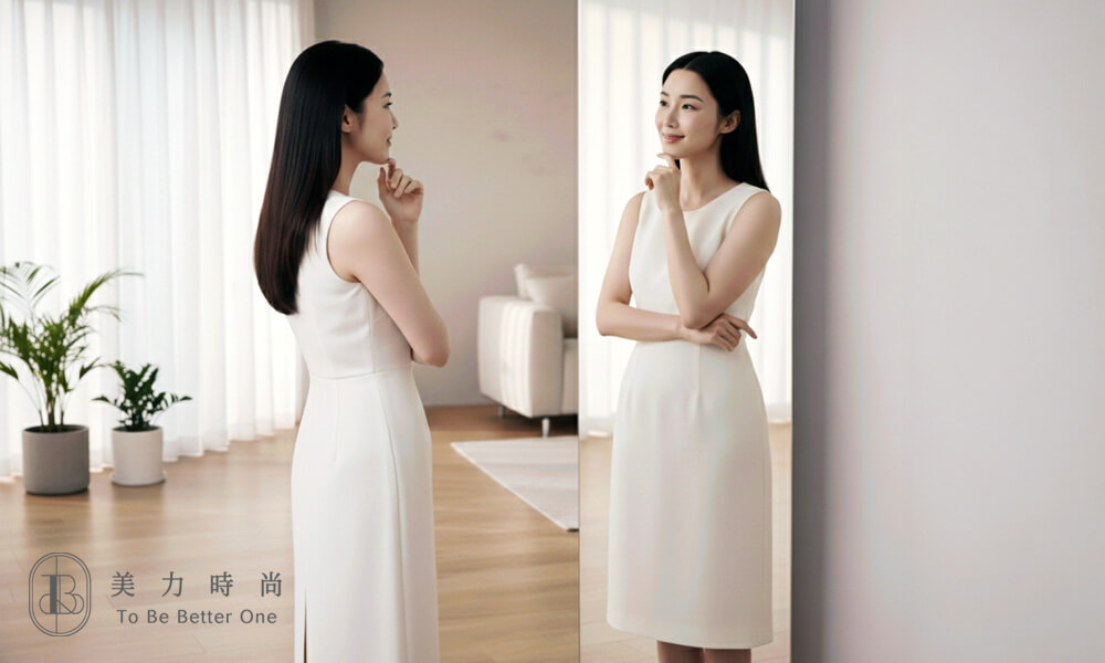 透過體雕療程後，一個女子對著鏡子表現出對身形滿意的表情