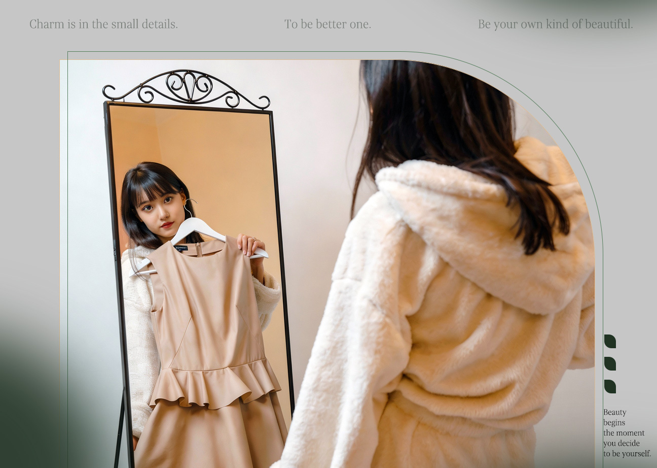 對著鏡子比對自己想穿的洋裝