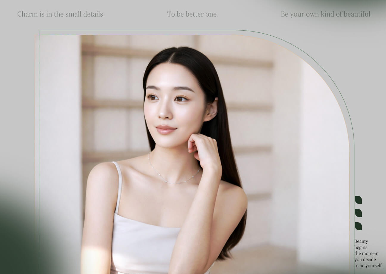 一個女子擁有清透透亮的肌膚、柔和的光澤、淡妝、自然光、乾淨的背景