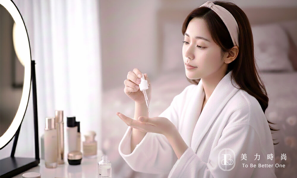 早晨洗臉後的居家畫面 面對鏡子擦保養品