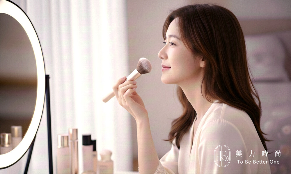 女性在化妝台拿著粉刷上妝，展現自然的氣色