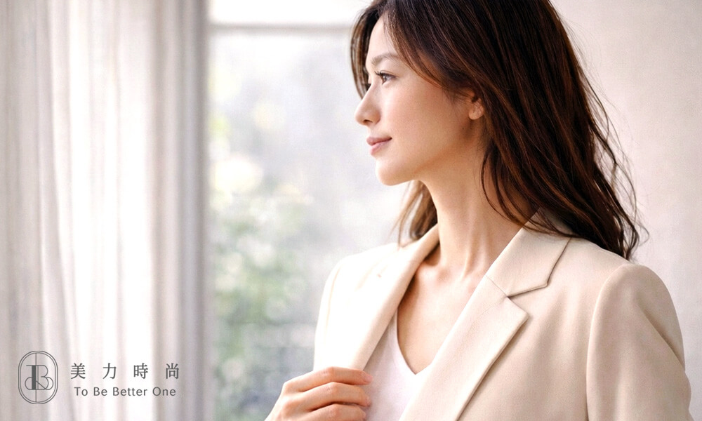 OL女性穿著正裝站在窗前，整理衣領的姿勢，臉頸部的線條很完美