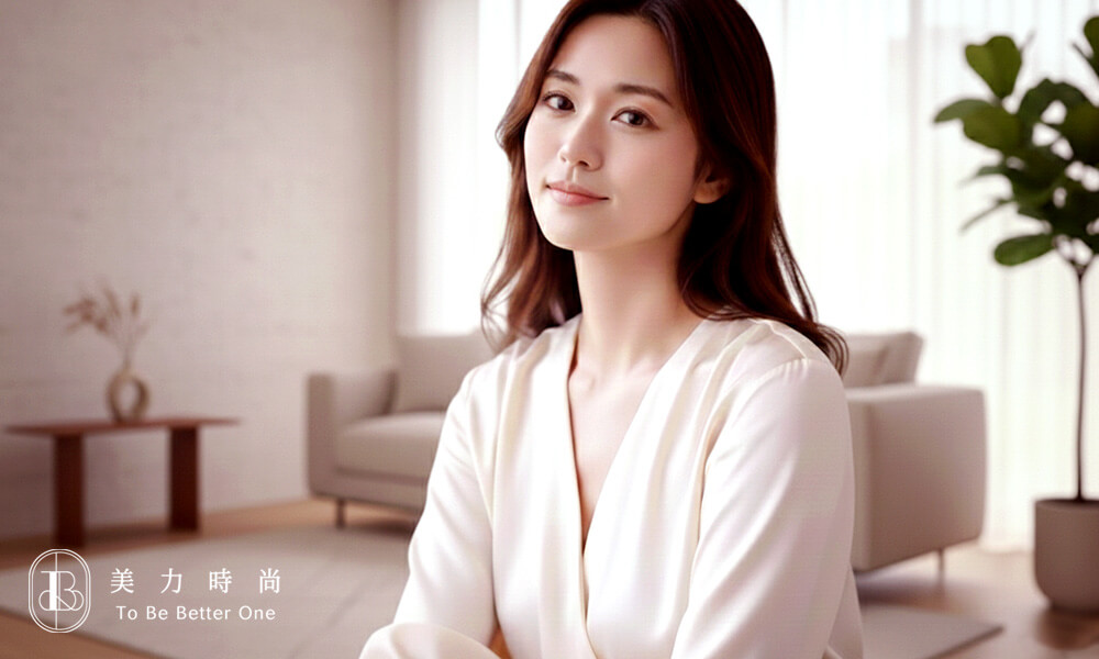 一個女子在美力時尚診所做完療程後，展現優雅自信的姿態