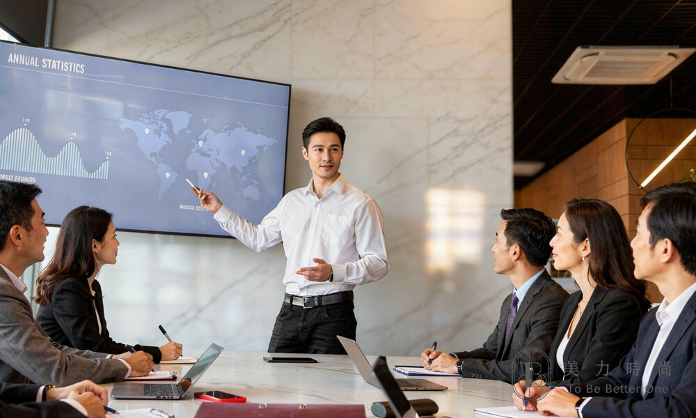 一位有在做身材管理的男性正在展示剪報給台下眾人，整體氣場沉穩有氣勢