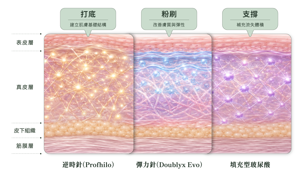 彈力針、逆時針與填充型玻尿酸施作層次比較