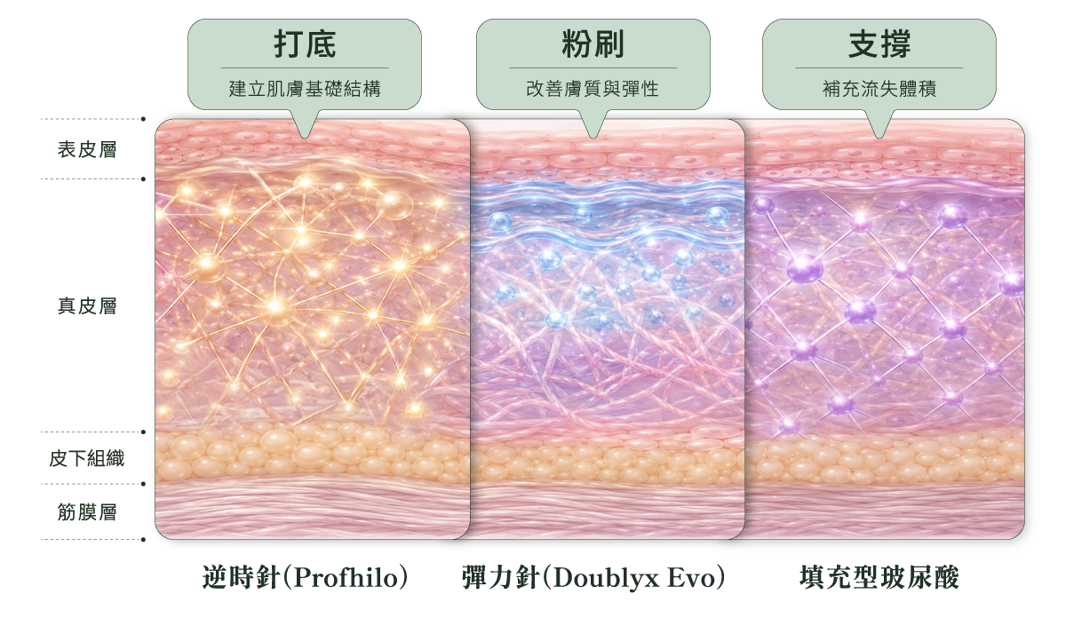 彈力針、逆時針與填充型玻尿酸施作層次比較